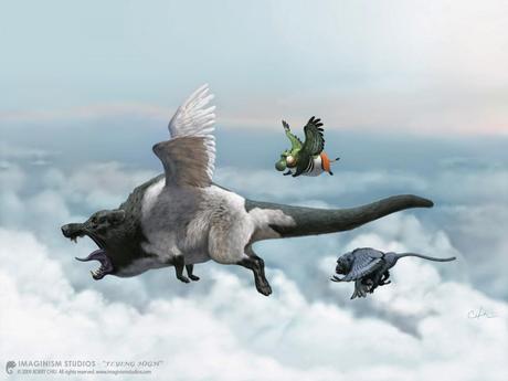 illustration de Bobby Chiu représentant 3 monstres volant sur un ciel de nuages