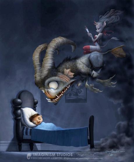 illustration de Bobby Chiu représentant un monstre s'approchant d'un lit d'enfant 