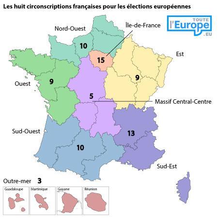 Les huit circonsciptions électorales pour le scrutin européen.