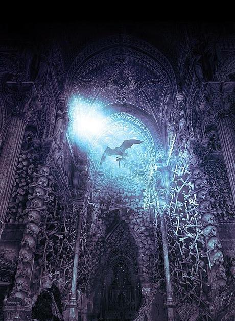 illustration de Sylvain «Tohad» Sarrailh représentant une creature volante dansune cathédrale de cranes 