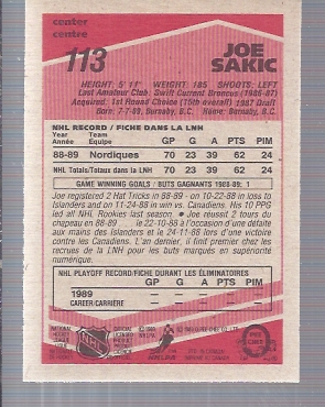 Hockey card of the day : Joe Sakic  (Rookie Card) 1989-1990 OPC #card #hockey #trade