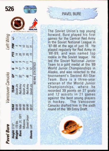 Hockey card of the day - 1990-91 Upper Deck #526 Pavel Bure RC
