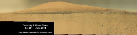 Curiosity a capturé plusieurs image le 6 juin 2014 (Sol 651) pour réaliser ce panorama centré sur le Mont Sharp (point culminant au centre du cratère Gale)