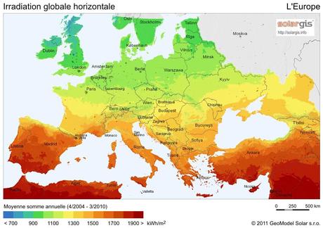 Irradiation solaire moyenne de l’Europe entre avril 2004 et mars 2010. Les valeurs (voir l’échelle colorimétrique) sont exprimées en kWh/m2. Plus les teintes sont rouges, plus il est intéressant d’installer des panneaux photovoltaïques.