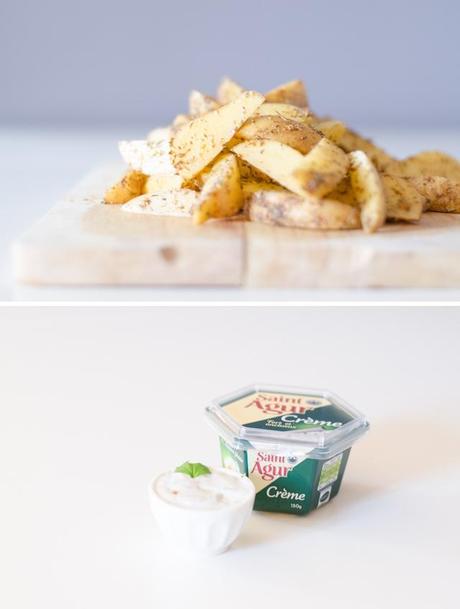 Aiguillettes de poulet panées, Potatoes et sauce au Saint Agur Aiguillettes de poulet panées, Potatoes et sauce au Saint Agur