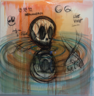 Narcisse, L’image dans l’onde Fabrice Hyber, Live Vive, 2013 huile, fusain et résine époxy sur toile, 150 x 150 cm Collection Nathalie Obadia