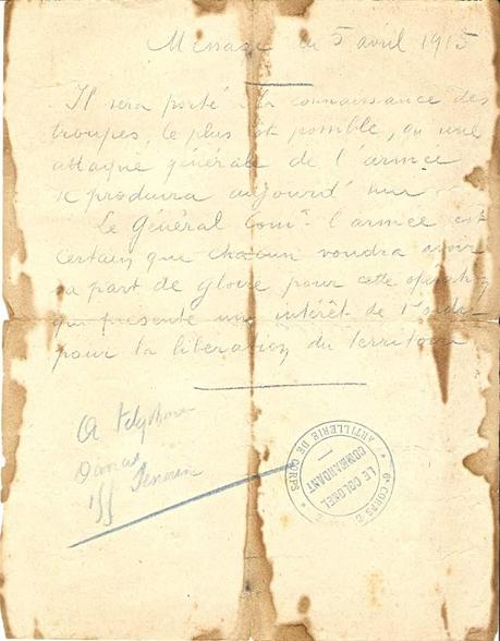 1915-04-05 Ordre Artillerie du 6ème Corps d'Armée - (Lt Maurice Denoncin)