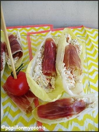 BARQUETTES D'ENDIVES AU FROMAGE FRAIS/OLIVES ET AU JAMBON IBERIQUE Barquette d'endives_1