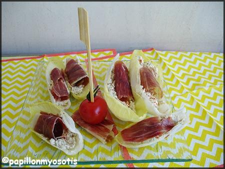 BARQUETTES D'ENDIVES AU FROMAGE FRAIS/OLIVES ET AU JAMBON IBERIQUE Barquette d'endives_2