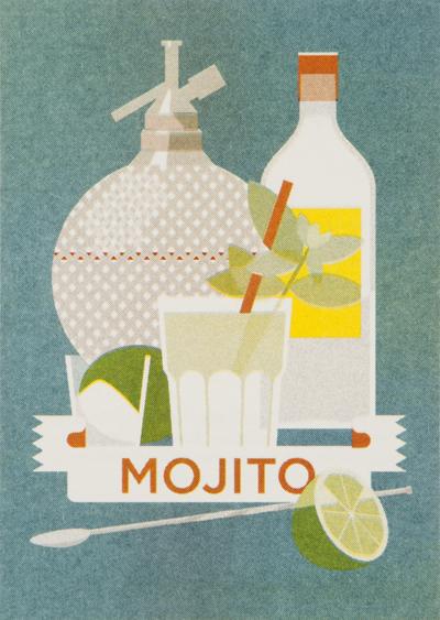 MOJITO 4 cl white rum 3 cl lime juice 2 tsp white sugar 3 mint sprigs soda water