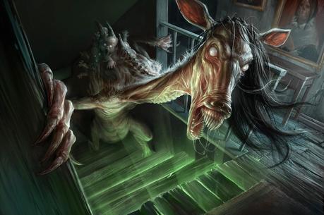 illustration de David Sladek representant un monstre à tete de cheval dans un escalier 