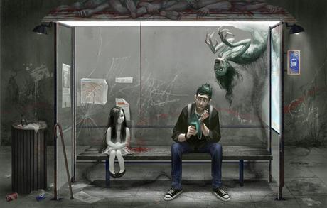 illustration de David Sladek representant une fillette et un homme et un esprit attendant a un arret de bus