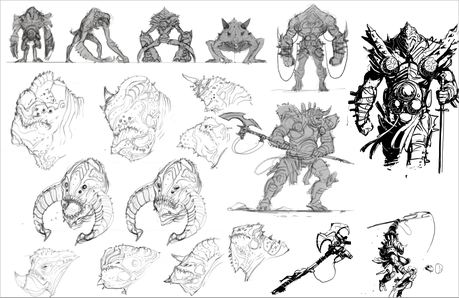 illustration de David Sladek representant des croquis de monstre guerrier 