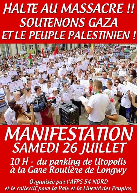 Samedi 26 JUILLET à LONGWY, MARCHE SILENCIEUSE EN SOUTIEN A GAZA – DEPART à 10 heures du parking du cinéma UTOPOLIS affiche Palestine1