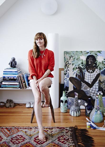 Leah Fraser in her home studio, surrounded by works for her upcoming show at Arthouse Gallery in Sydney.  Photo - Sean Fennessy, production – Lucy Feagins/The Design Files.