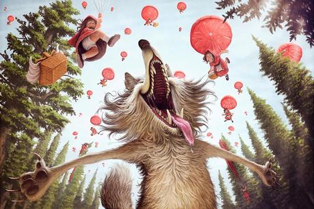 illustration de Tiago Hoisel représentant le grand méchant loup extatique devant une pluie de petits chaperons rouges