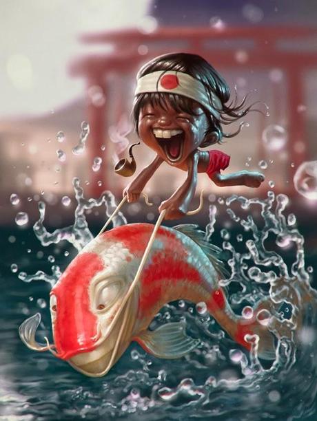 illustration de Tiago Hoisel représentant un enfant chevauchant un poisson
