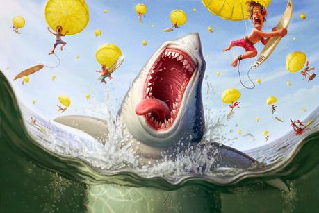 illustration de Tiago Hoisel représentant un requin extatique sous une pluie de surfeurs