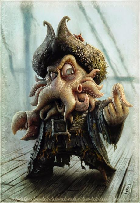 illustration de Tiago Hoisel représentant le pirate davy jones faisant un doigt tentacule d'honneur