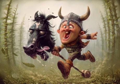 illustration de Tiago Hoisel représentant un petit viking sur un jouet cheval