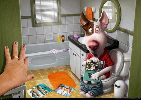 illustration de Tiago Hoisel représentant une personnage chien surpris aux toilettes avec des playdog