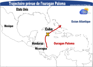 Carte de la trajectoire prévue du cyclone (ouragan) Paloma