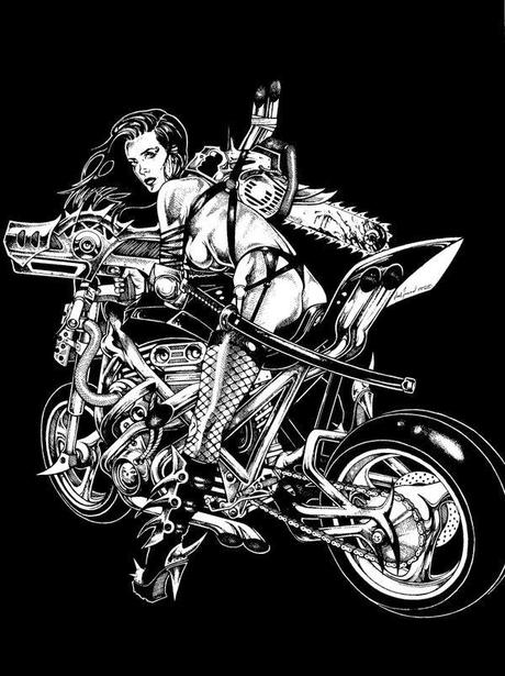 Dessin de Noël Guard représentant une guerrière cyberpunk sur une moto 