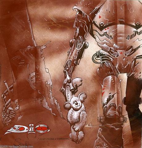 Dessin de Simon Bisley représentant un robot tenant un ours en peluche, pochette d'album du groupe dio