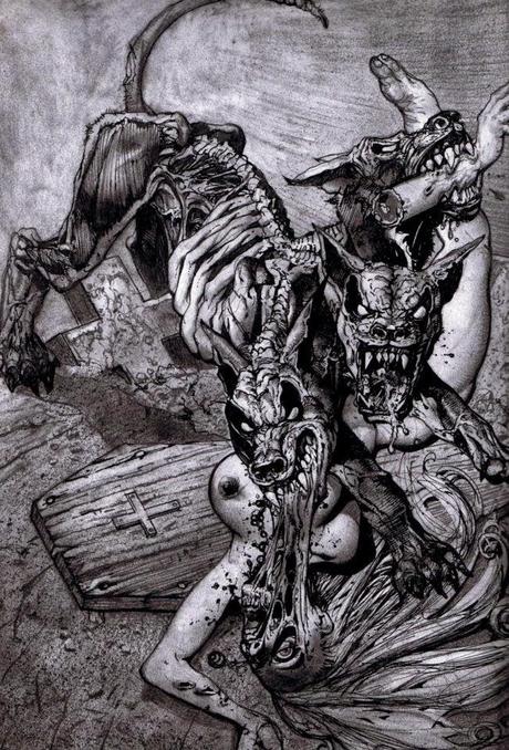 Dessin de Simon Bisley représentant un chien démon à trois têtes dévorant une femme nue en noir et blanc 