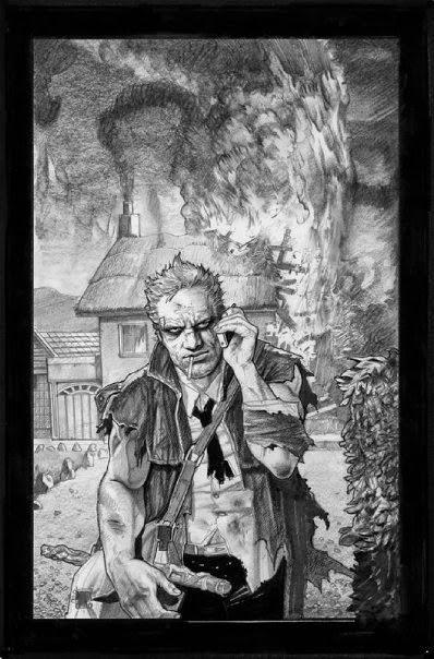 Dessin de Simon Bisley représentant un homme s'éloignant d'une ferme en feu 