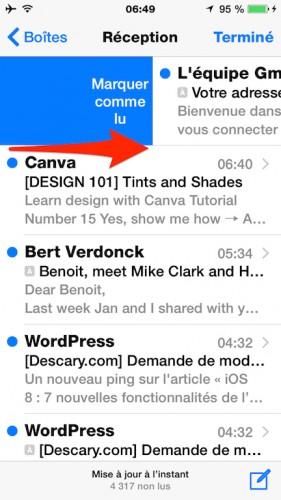 maisl glissez un message de la droite vers la gauche pour marquer comme lu 281x500 iOS 8, les nouvelles fonctionnalités de l’application Mail