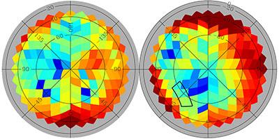 Planck sky map, colour-coded by amount of B-mode polarization generated by dust