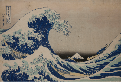 Katsushika Hokusai (1760 -1849), « Dans le creux d’une vague au large de Kanagawa », Série : Trente-six vues du mont Fuji, Début de l’ère Tempō, vers l’an II (vers 1830-1834), Estampe nishiki-e, format ōban, 25,6 x 37,2 cm, Signature : Hokusai aratame Iitsu hitsu, Éditeur : Nishimura-ya Yohachi, Bruxelles, Musées royaux d’Art et d’Histoire © Musées royaux d’Art et d’Histoire, Bruxelles.