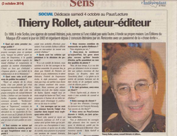 L’auteur Thierry Rollet a obtenu un article dans le journal L’Indépendant de l’Yonne à l’occasion de sa séance de dédicaces ThierryRollet_LIndependantdelYonne_2014-10-03