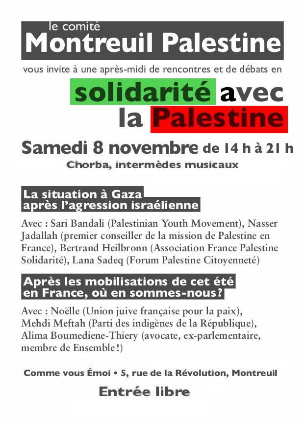 8 Novembre 14 h à 21 h Solidarité avec la Palestine Comme vous Emoi 5 rue de la Révolution Montreuil
