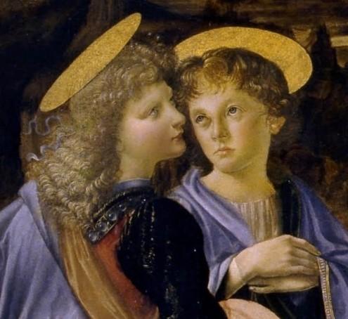 Andrea del Verrocchio et Leonardo da Vinci - Le baptême du Christ (détail des anges) - 1472-75 - 177 × 151 cm - Galerie des Offices - Florence