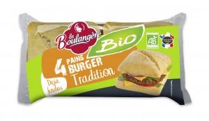 Des pains Bio, sans huile de palme, pour La Boulangère. 1,55€ les 4 burgers.