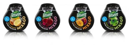 La guerre des concentrés de sirop est déclarée Les 4 parfums de la gamme Mix&Go: Trio d'agrumes, cassis/pomme verte, fruits rouges et pêche/mangue.