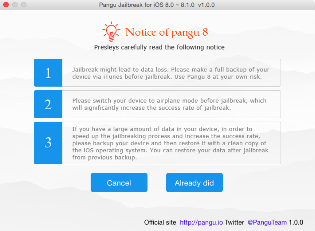 Comment jailbreaker iOS 8 pour Mac iPhone 6 et iPhone 6 Plus Pangu-8-jailbreak-warnings