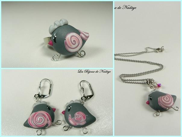Bijoux poule, bijoux artisanaux fun et originaux en pâte polymère bijoux poules gris et rose