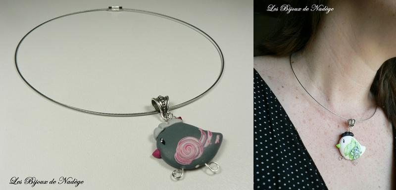 Bijoux poule, bijoux artisanaux fun et originaux en pâte polymère pendentif poulette rose spirale 3-horz