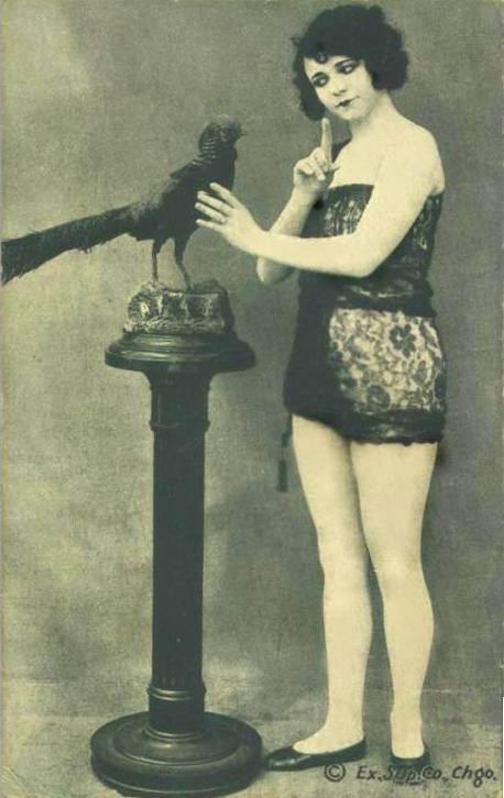postcard-chicago-exhibit-supply-company-arcade-card-pin-up-woman-shushing-stuffed-bird-greenish-grey-1920s