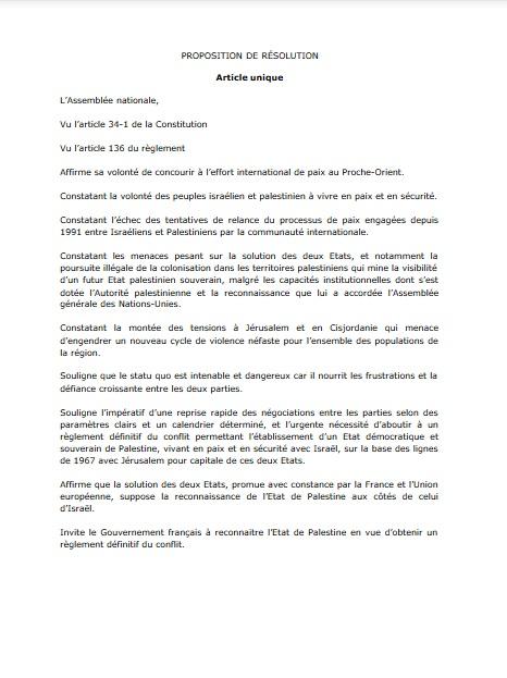 Une résolution à l’Assemblée et au Sénat pour reconnaître l’Etat de Palestine proposition de résolution p3