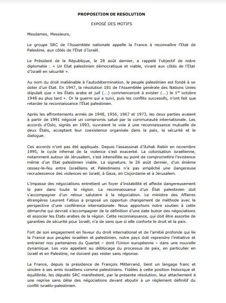 Une résolution à l’Assemblée et au Sénat pour reconnaître l’Etat de Palestine proposition de résolution p2