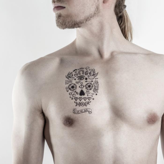 Beauté : les tatouages éphémères chics et rétros de △ Bernard Forever △ tattoo-la-vie-est-belle-complet-crane-calavera-sur-monsieur-muscle-bernard-forever