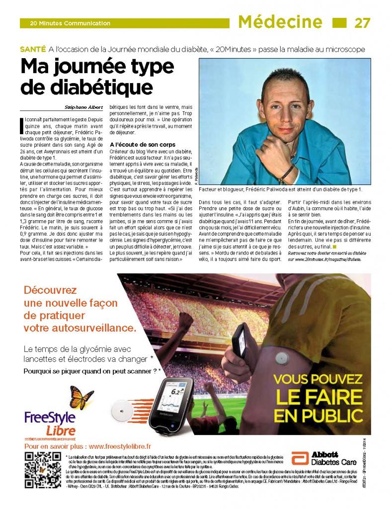 VivreAvecUnDiabete.com à l’honneur dans le journal 20minutes 20Minutes du 14/11/14