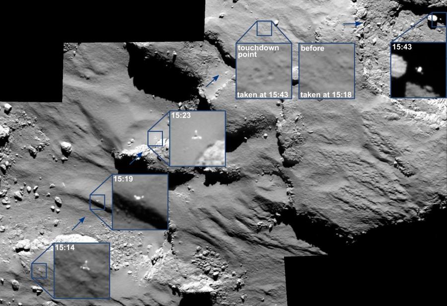 Dernières nouvelles de Philae Séquence d'atterrissage de Philae, photographiée par Rosetta sur 30 mn, le 12 novembre à 15,5 km de la surface