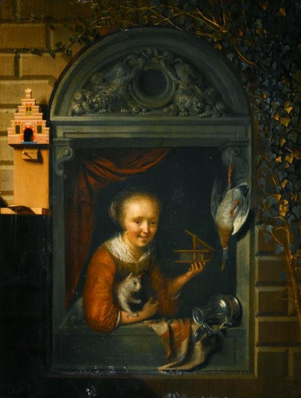 La souricière Gerrit Dou - A Young Girl at a Window Ledge with a Cat and Mouse-Trap