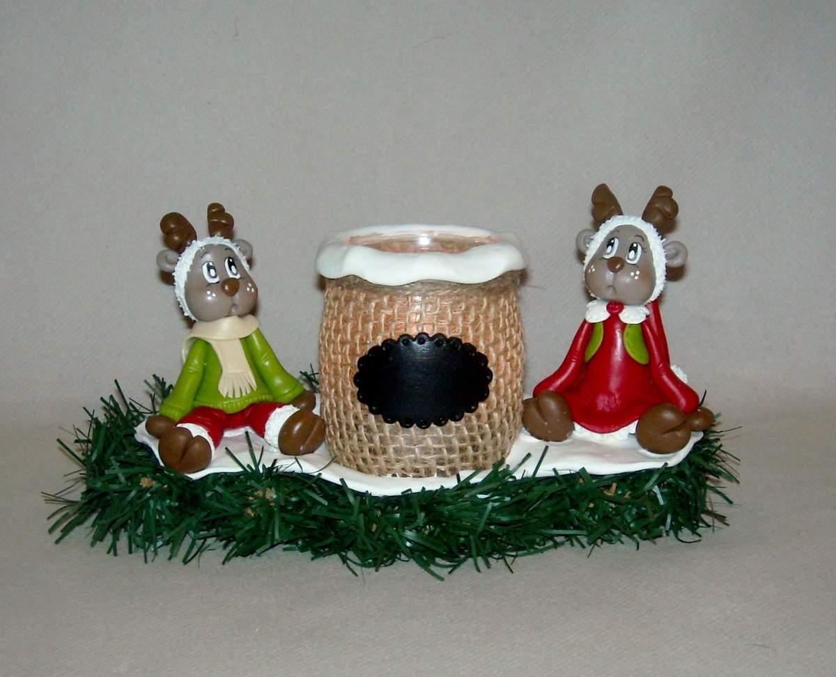 Porte-bougie avec couple de renne de Noël réalisé en porcelaine froide | À  Voir