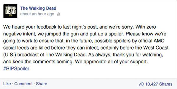 La page Facebook officielle de The Walking Dead s'excuse après un post spoiler